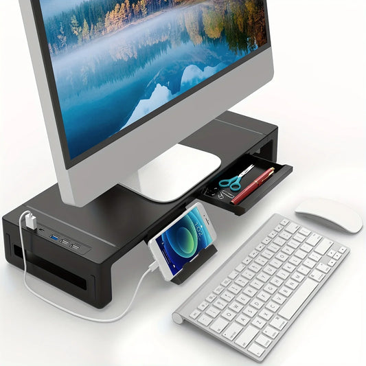 Monitor Stand Riser, With USB3.0 Foldable, Height Adjustable Computer Stand, Desk Shelf Riser with Storage Drawer &Tablet Phone